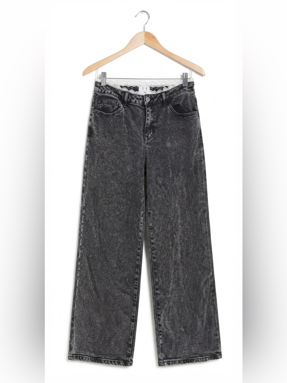 Flying Angel Dark Grey Acid Wash Lace Trim Wide Leg Jeans Size 11/30